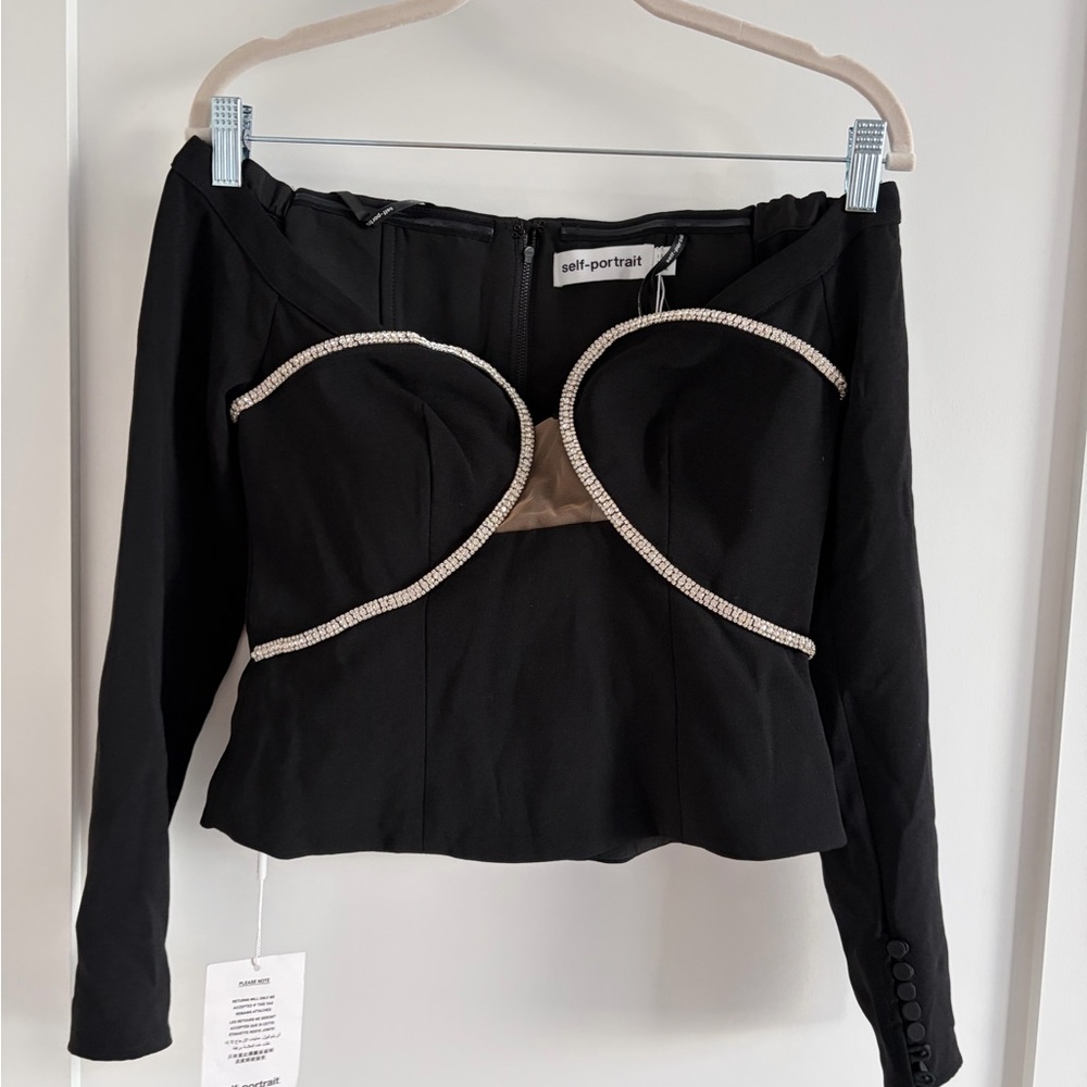 NWT Self-Portrait Black Off Shoulder Crepe Top with Diamanté Trim - Size 4